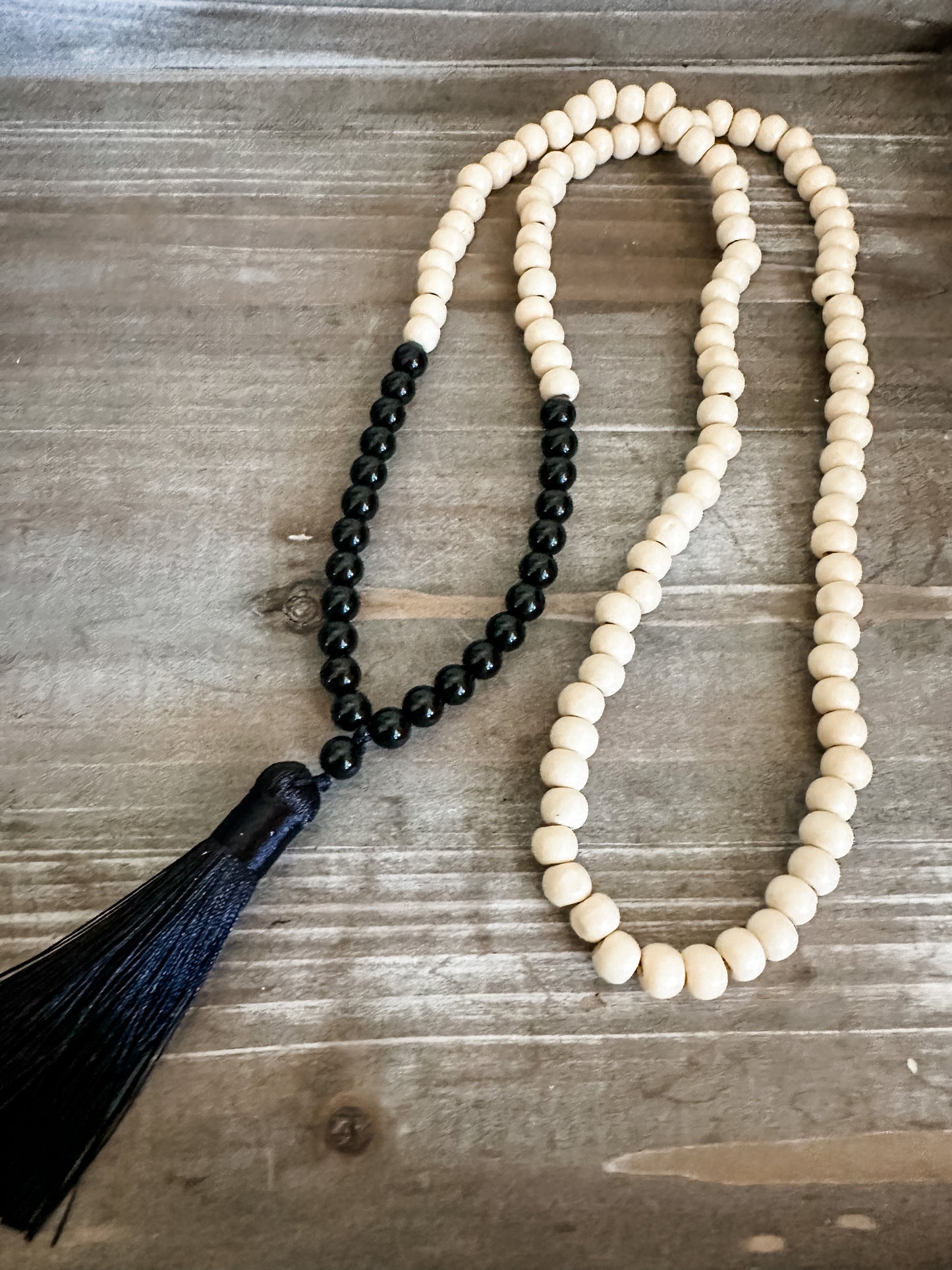 Stone and Wood beaded tassel necklace